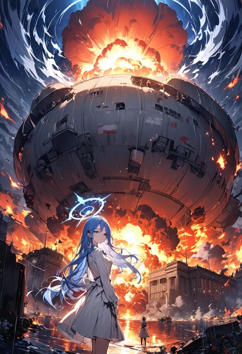 masterpiece, Exquisite, figure, {Beautiful and meticulous girl}, A beautiful and elaborate halo, (Fires of War: 1.2), (Nuclear explosion behind: 1.3), rain, Detailed lighting, Detailed water, (Beautiful and detailed: 1.1), Expressionless, palace, Sky blue hair, Scattered hair, Long bangs, Eyebrow, (Grey and white dress: 1.1), Black Ribbon, White bow tie, upper abdomen, Large forehead, dull, flower, Long sleeve