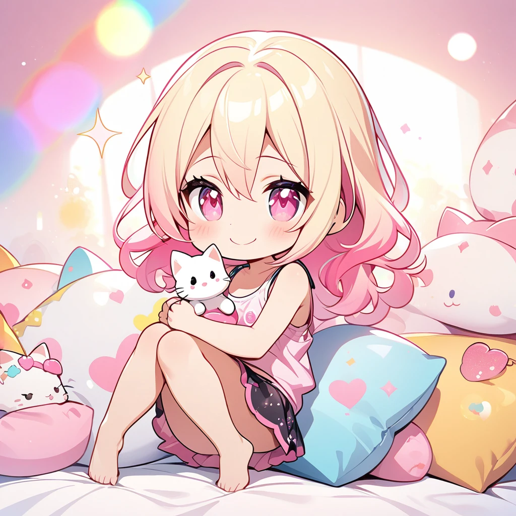 masterpiece, best quality, 4k、2D Illustration、one beautiful girl、solo、(((chibi style)))、((vivid colors))、cute chibi、lovely chibi、long beautiful hair, glossy light blonde hair, hair between eyes, cute、beautifully detailed eyes、((tank top))、((miniskirt))、(colorful))、((happy smile))、sitting on bed、((full body shot))、((kitten)), ((lots of pink stuff around))、((bed))、sparkle、((lens flare))、