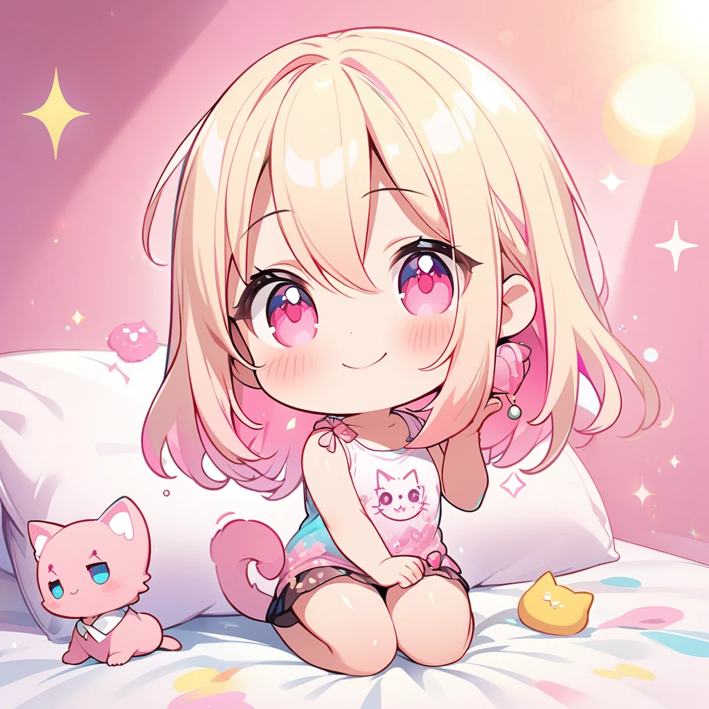 masterpiece, best quality, 4k、2D Illustration、one beautiful girl、solo、(((chibi style)))、((vivid colors))、cute chibi、lovely chibi、long beautiful hair, glossy light blonde hair, hair between eyes, cute、beautifully detailed eyes、((tank top))、((miniskirt))、(colorful))、((happy smile))、sitting on bed、((full body shot))、((kitten)), ((lots of pink stuff around))、((bed))、sparkle、((lens flare))、