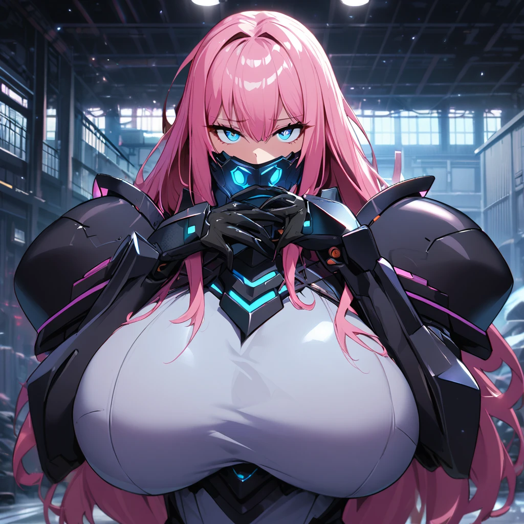 1girl,solo,pink hair color,long hair,light blue eyes,gigantic huge breasts,Wearing black sci-fi armor,Armor adheres closely to body lines,Cyber mask covering mouth,Cybersword in hand,expressionless,icy stare,cold expression,Ruthless,disgusted eyes,close mouth,looking at viewer,standing up,In a dimly lit warehouse