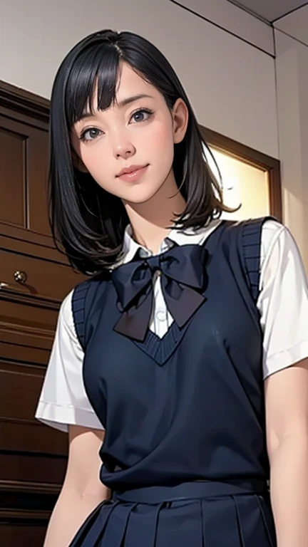 (masterpiece:1.2, Highest quality), (Realistic, photoRealistic:1.4), Beautiful illustrations, (Natural Side Lighting, Cinema Lighting), Written boundary depth, Looking at the audience, (Face Focus, Upper Body), Front view, 1 Girl, Japanese, high school girl, , Perfect Face, Cute symmetrical face, Shiny skin, (Bob Hair:1.7,Black Hair), Asymmetrical bangs, Big eyes, Droopy eyes, long eyelashes chest), thin, Beautiful Hair, Beautiful Face, Beautiful and beautiful eyes, Beautiful clavicle, Beautiful body, Beautiful breasts, Beautiful thighs, Beautiful legs, Beautiful fingers, ((High-quality fabric, brown knit vest, Short sleeve white collar shirt, Navy Pleated Skirt, Navy bow tie)), (Beautiful views), evening, (Inside the flower shop), Are standing, (smile, Superior, Open your mouth), (From below:1.5),(Poor visibility:1.5),