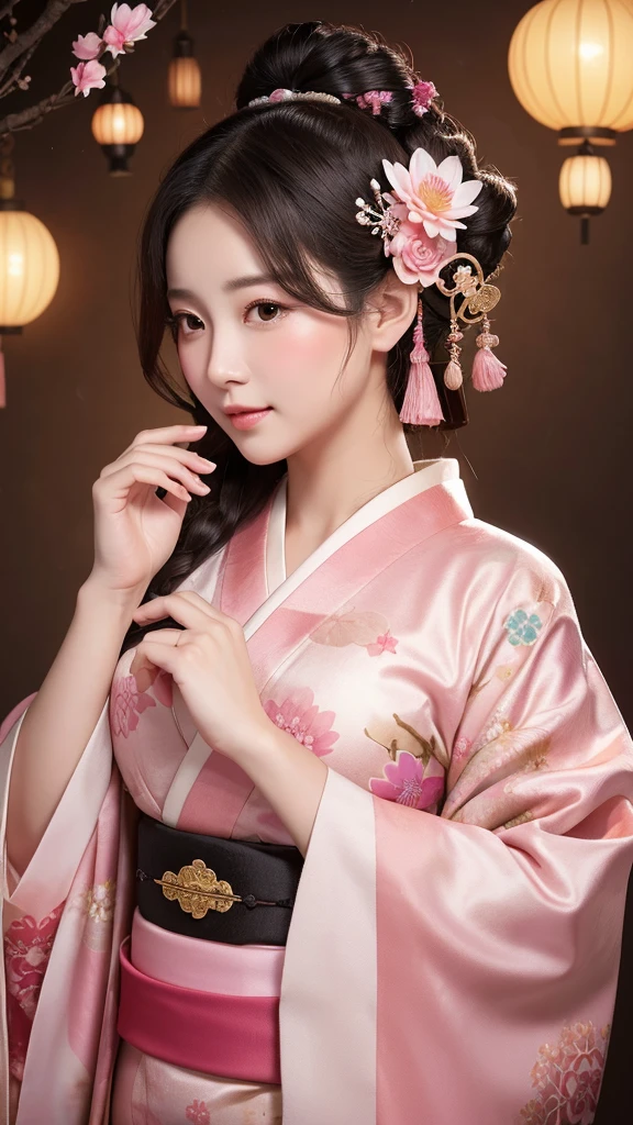 Goddess of fertility, flushed cheeks, late 40s, overweight, mysterious twelve-layered kimono, highly decorated kimono and mysterious hair ornament, gentle personality, soft expression, sparkling eyes, pink moon and lotus flower fantasy background, Japanese  