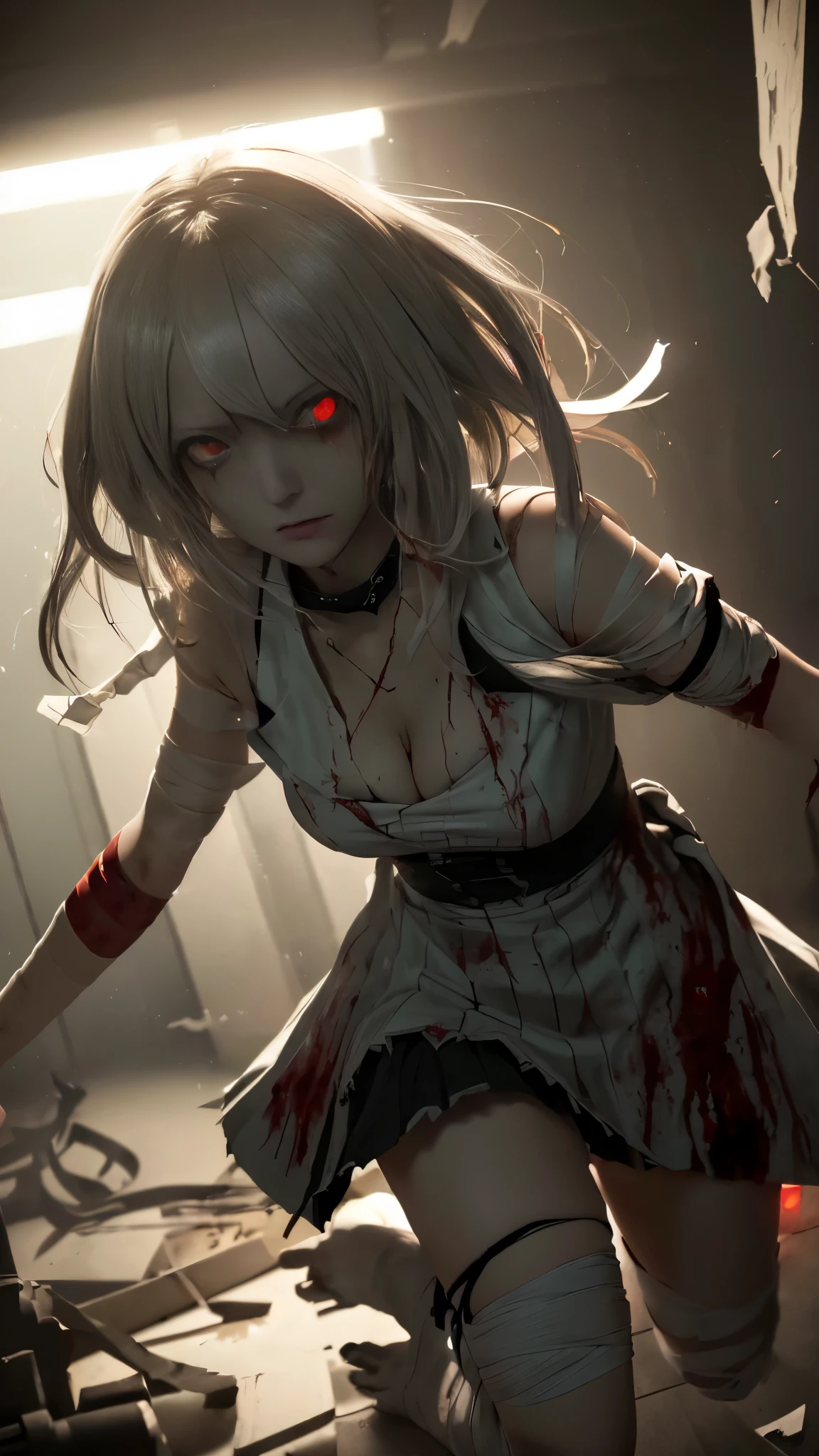 Dark Roomのベッドの上で血まみれの目で走る女の子, Yandere, ((赤くWith glowing eyes)), gapmoe Yandere, everyone, gapmoe Yandere grimdark, Red eyes glow, Nightcore, With glowing eyes, Red eyes glow, Zombies with white eyes, Danganronpa digital art, Anime Monster Girl, Devil Anime Girl, ((Bloody One Piece)), (Bandaged leg:1.3), Running away in a panic, Desperate to escape, (Detailed eyes and face:1.3, Professional photography techniques), (Highest quality, 8K, masterpiece:1.2, RAW Photos), ((Dark Room))