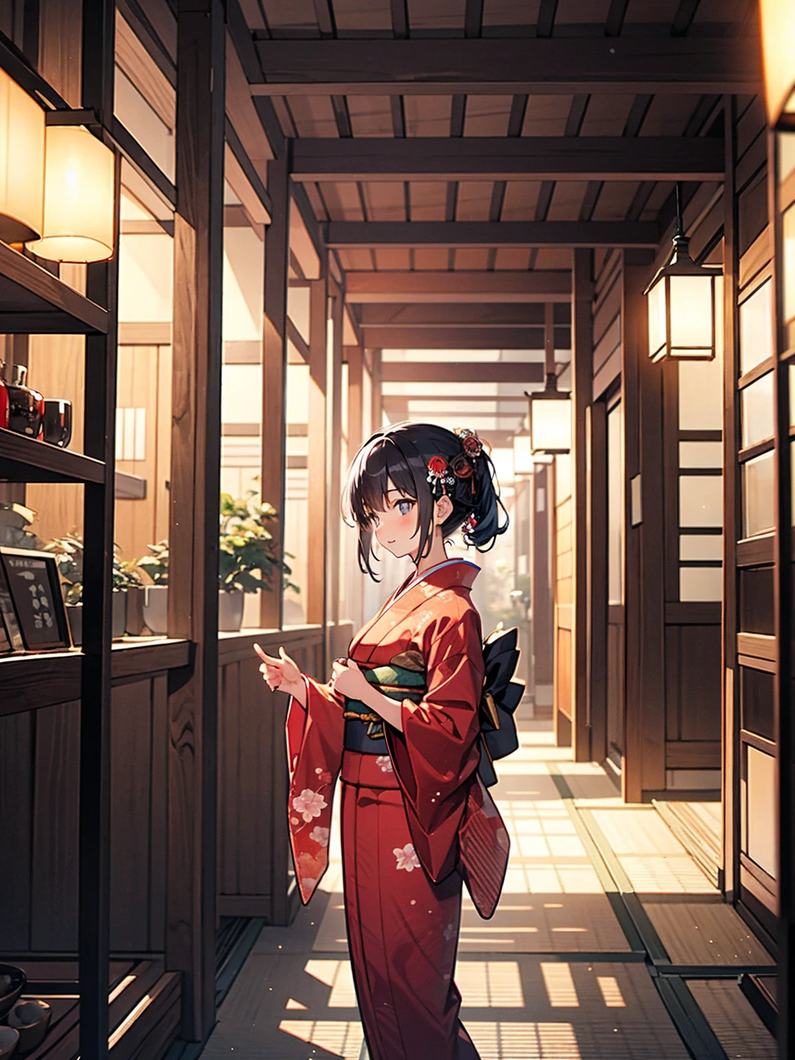 Wooden labyrinth, nape, Woman in kimono, Scenery of Kyoto townhouses, indoor