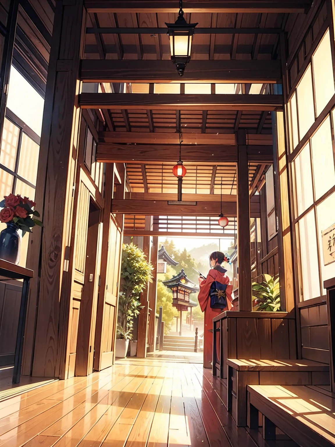 Wooden labyrinth, nape, Woman in kimono, Scenery of Kyoto townhouses, indoor