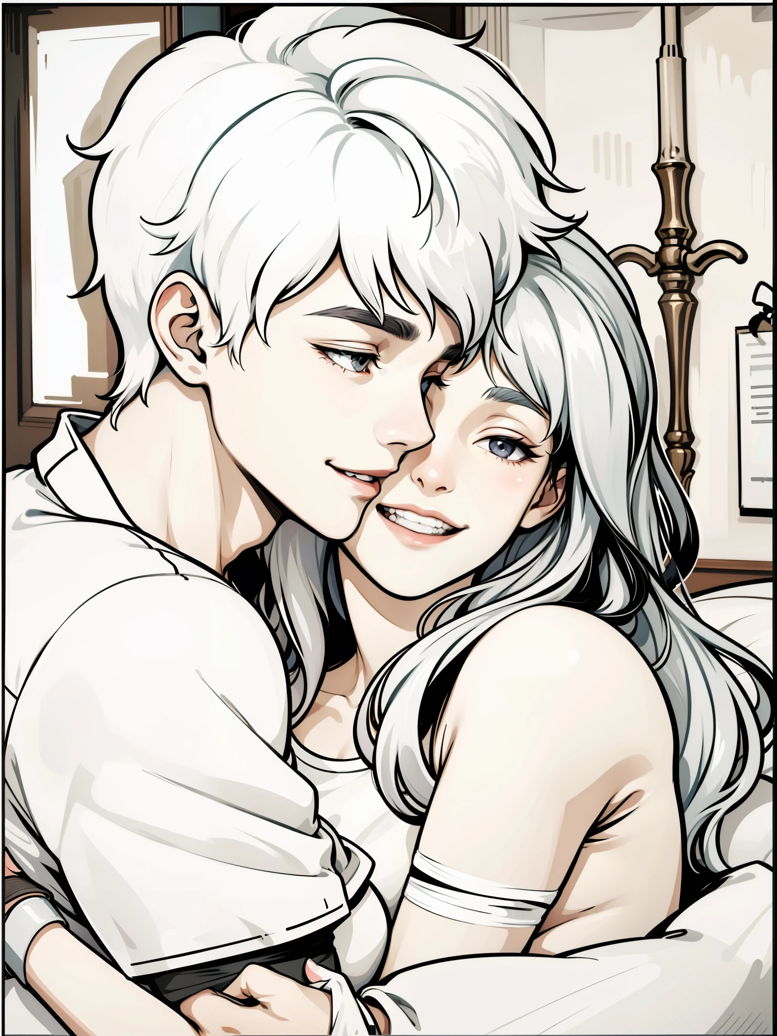 17 year old young man with gray hair and a girl who is his girlfriend, they are hugging and greeting each other, they are happy, smiling