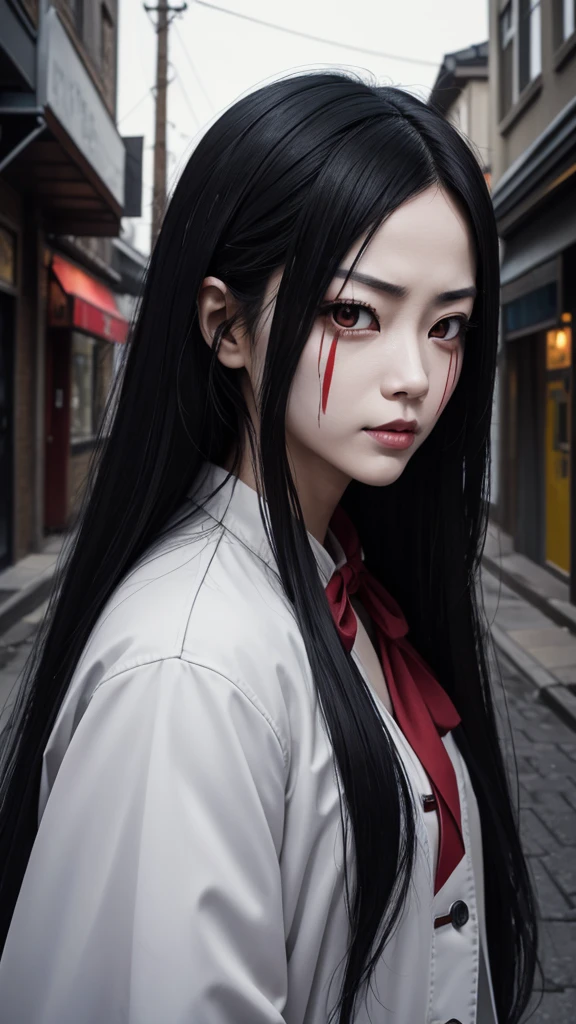 Create a realistic image of the Slit-Mouthed Woman (Kuchisake-onna). She has long black hair and is wearing a white mask, underneath which her terrifying slit mouth is hidden. The background should depict a dimly lit street corner or alley, creating a creepy atmosphere. She is wearing a red coat and holding a large pair of scissors. The overall image should convey a sense of horror.
