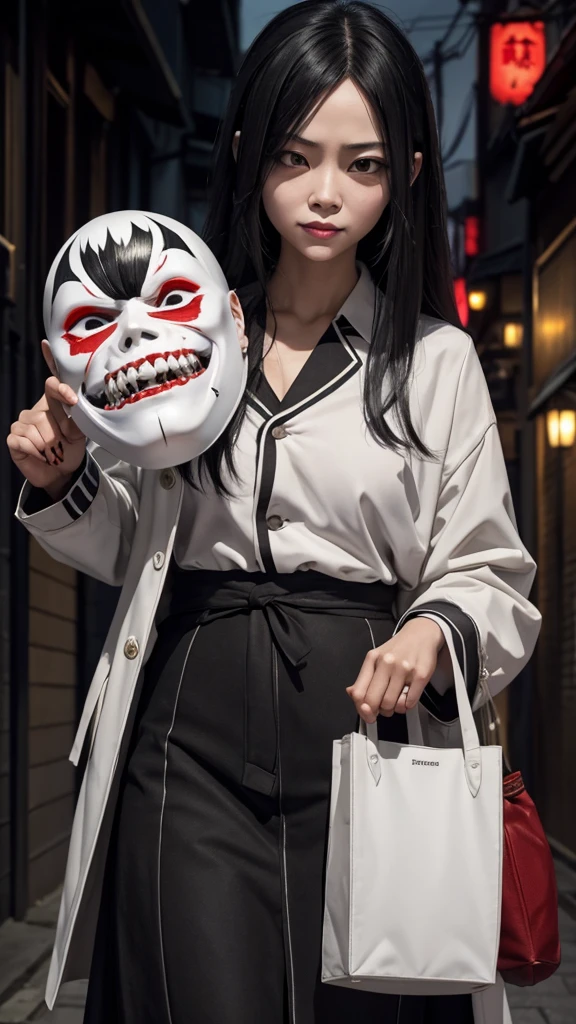 Create a realistic image of the Slit-Mouthed Woman (Kuchisake-onna). She has long black hair and is wearing a white mask, underneath which her terrifying slit mouth is hidden. The background should depict a dimly lit street corner or alley, creating a creepy atmosphere. She is wearing a red coat and holding a large pair of scissors. The overall image should convey a sense of horror.
