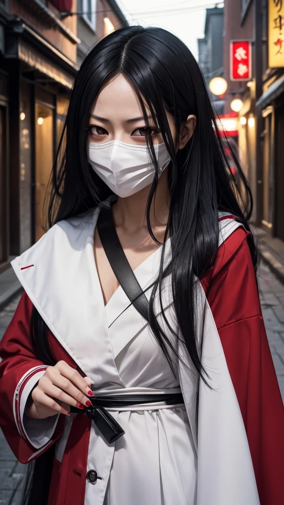 Create a realistic image of the Slit-Mouthed Woman (Kuchisake-onna). She has long black hair and is wearing a white mask, underneath which her terrifying slit mouth is hidden. The background should depict a dimly lit street corner or alley, creating a creepy atmosphere. She is wearing a red coat and holding a large pair of scissors. The overall image should convey a sense of horror.