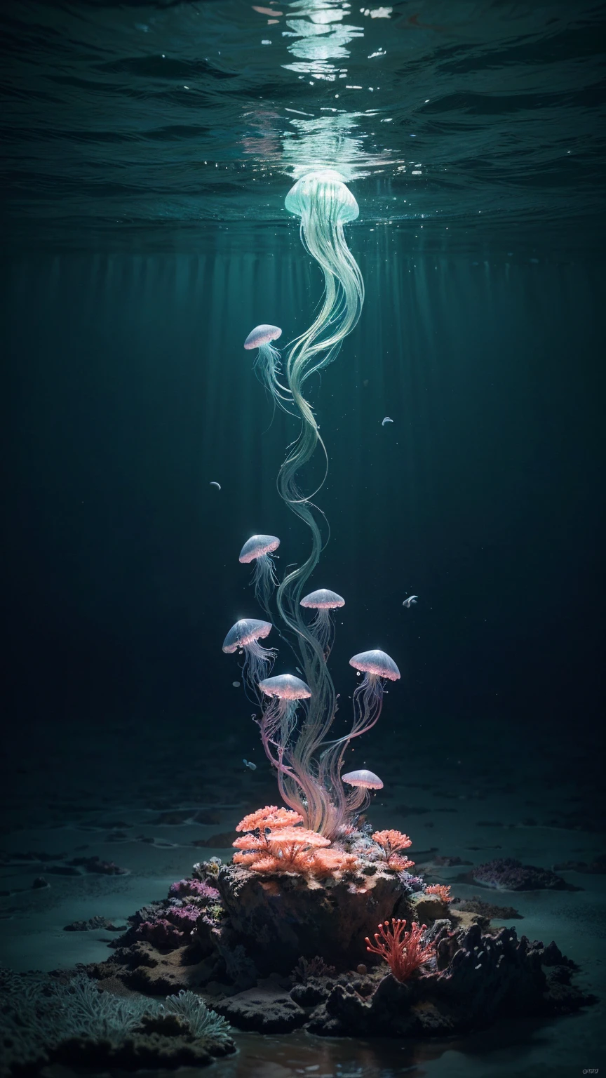 masterpiece, best quality, (Very detailed的 CG unity 8k 壁纸), (best quality), (Best Illustration), (Best shadow), 融入自然元素的Ocean Theme. Tall mangroves, rich Marine plants, Glowing jellyfish, Surrounded by fish, 发光Particle Effects,, (Marine plants), (Ocean Theme), ((Glowing algae)), (coral), ((Glowing jellyfish )), ((Bioluminescent organisms in the sea)), ((Sea Fire)), (((Particle Effects))), Isometric 3D, Octane Rendering, Ray Tracing, Very detailed