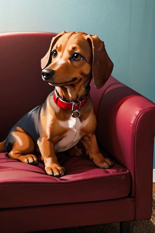 hight quality, Uplifting, a dog only, Miniature Dachshund, black, a red collar, sit on the sofa