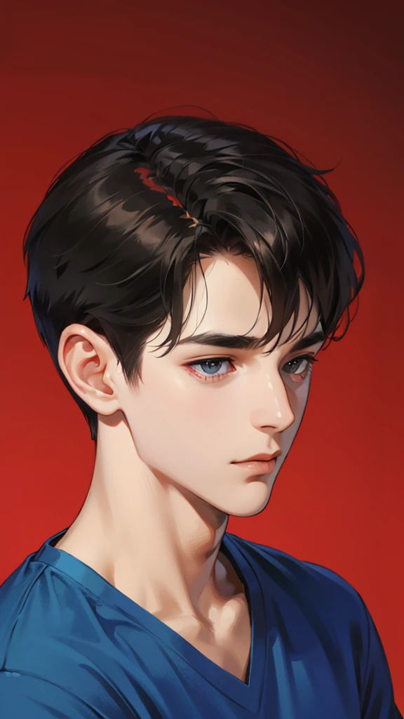 20 years old Boy ,black hair, blue tshirt, number 9 on tshirt,red background 