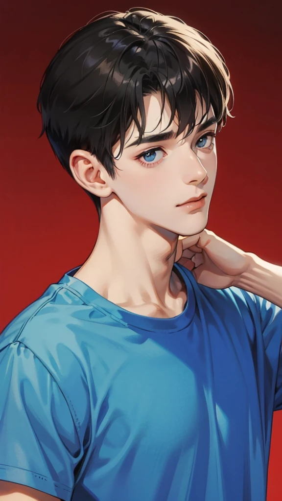 20 years old Boy ,black hair, blue tshirt, number 9 on tshirt,red background