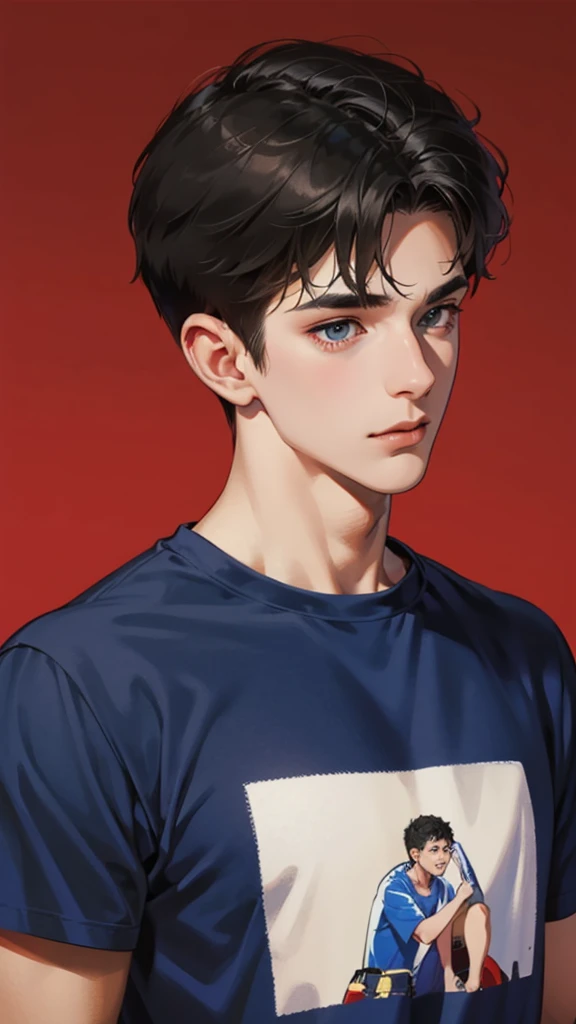 20 years old Boy ,black hair, blue tshirt, number 9 on tshirt,red background