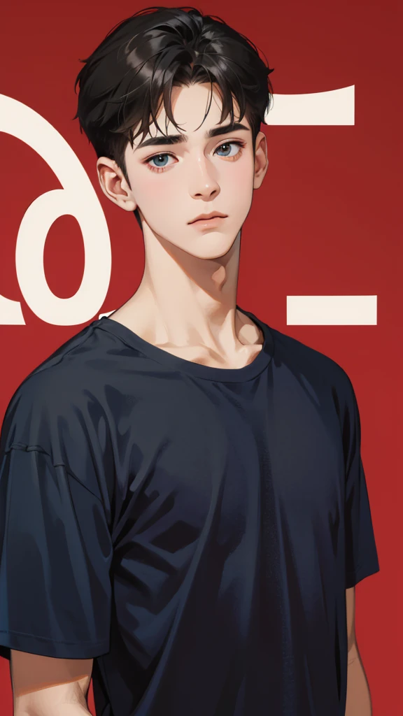 20 years old Boy ,black hair, blue tshirt, number 9 on tshirt,red background 