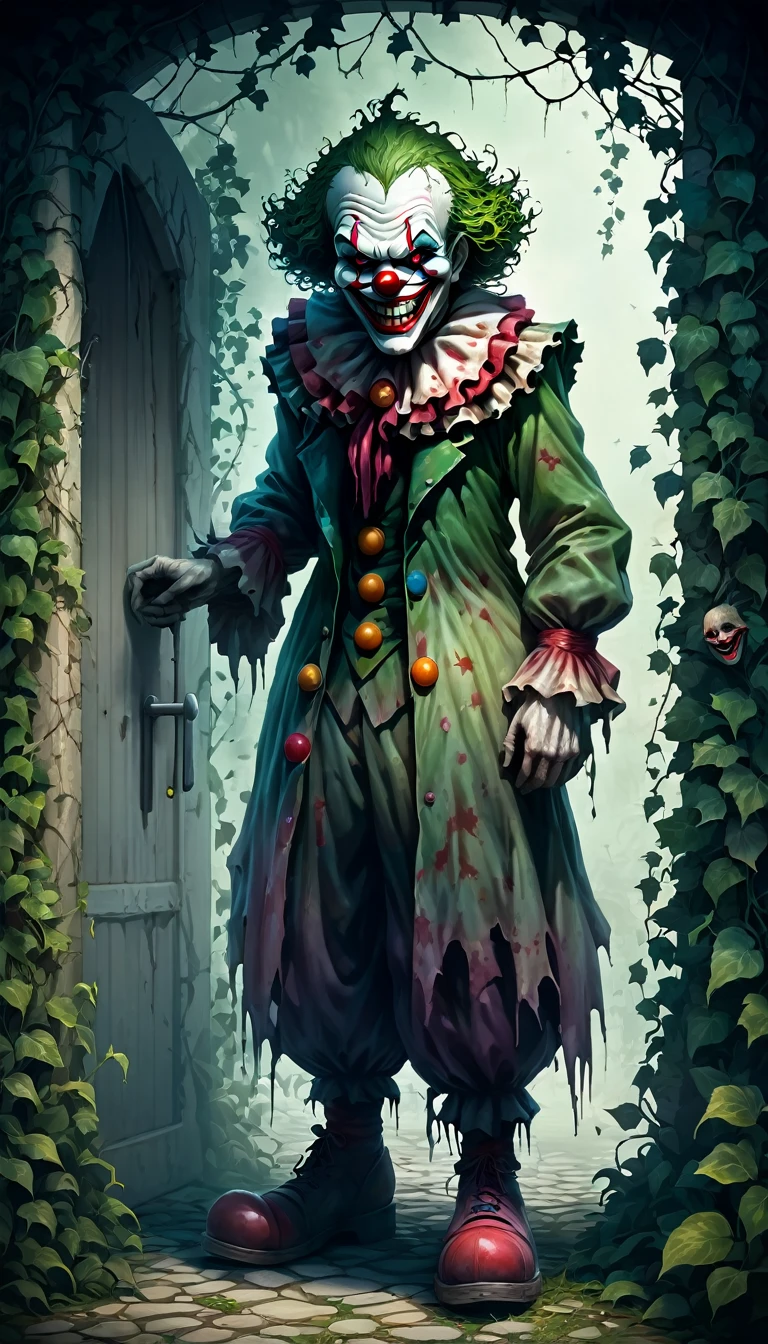 A creepy, decaying clown statue with a sinister grin, standing near the entrance, partially covered in vines.