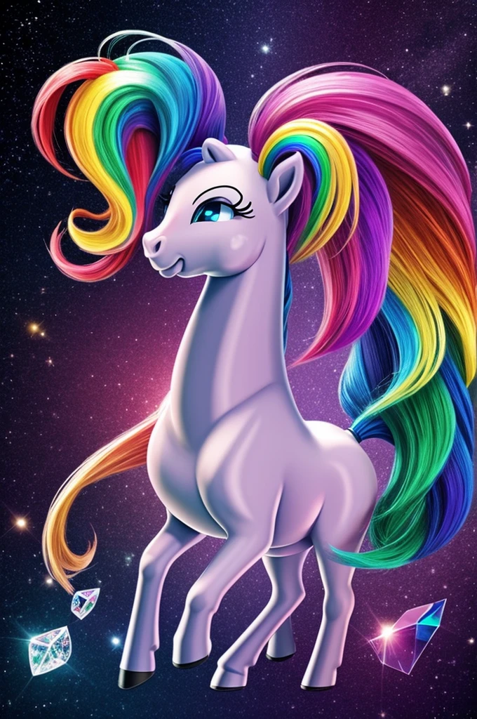 A pony with a rainbow mane juggles three precious crystals 