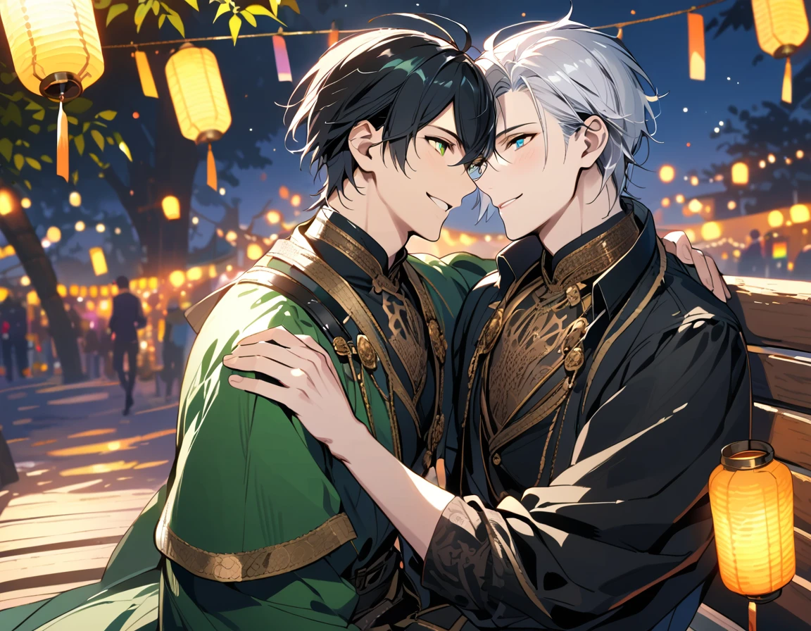 super fine illustration, an extremely delicate and beautiful, (best quality:1.4), young adult, steampunk world, sitting on a bench under a swaying bamboo branch adorned with colorful Tanabata decorations,
BREAK
gazing up at the mesmerizing night sky filled with sparkling stars, a sense of tranquility and wonder reflecting in his eyes, the gentle breeze caressing his hair, the soft glow of lanterns casting a warm ambiance, a moment of peaceful contemplation in the midst of the vibrant festival atmosphere,
BREAK
2young man, gay couple, (handsome men:1.2), happy smile,(white hair, short hair, green eyes, friendly), (black hair, blue eyes, confident, charismatic), relationship, after kiss,