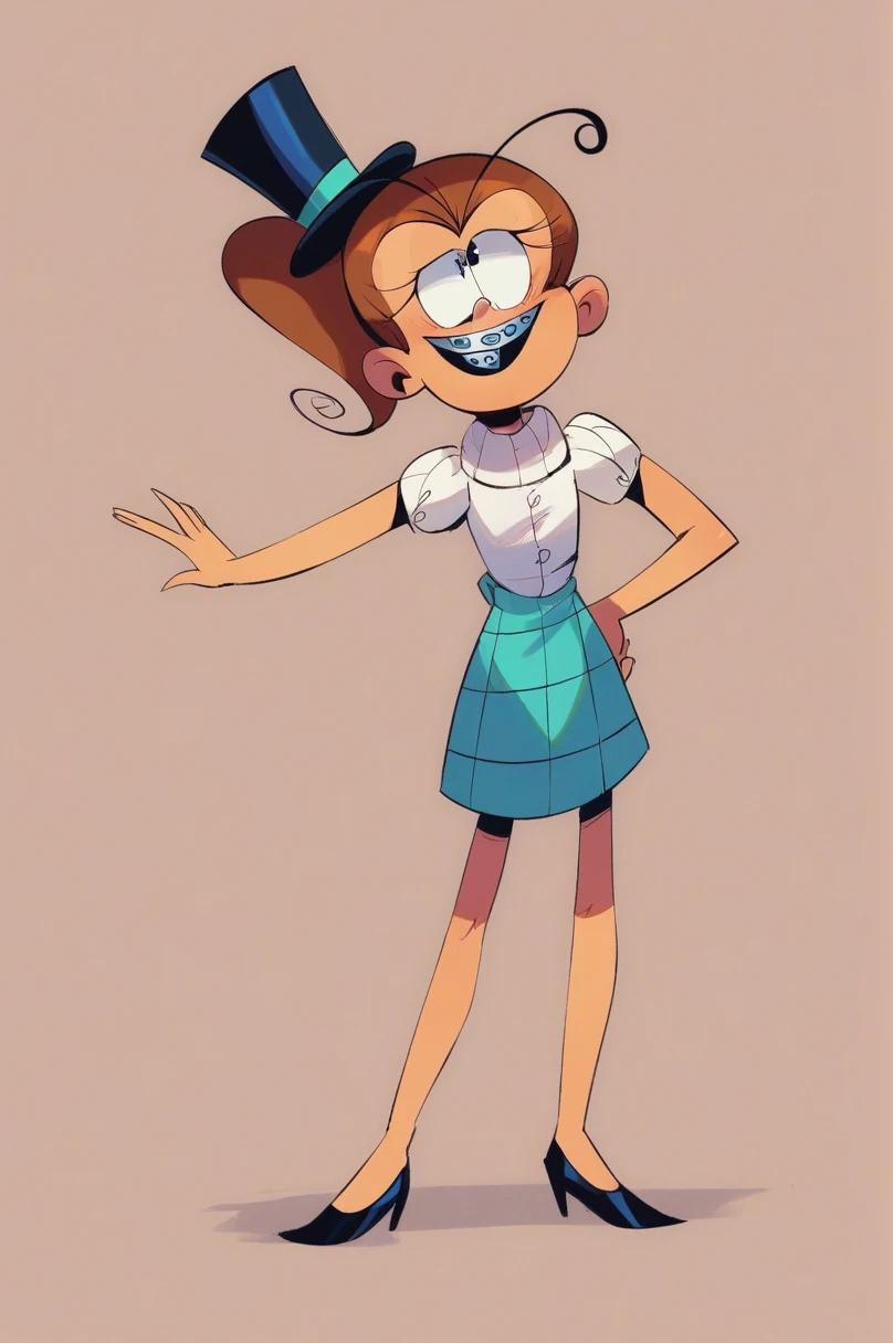Luan Loud, has light brown hair tied back in a large ponytail with a small swirl at the end. Two strands of hair stick out like antennas from the center of her forehead. Her prominent teeth have silver braces only on the upper teeth.

Clothes: Luan's clothes change, in this version, Luan is dressed in a circus ringmaster's outfit (elegant full body, red color and black top hat with a cane).

Pose: She is facing forward, slightly bending her waist forward as if showing a bow to the audience, while looking at the camera (as if looking at the audience) with a slight wicked smile and half-open eyes.

The drawing style should be cartoonish, with simple lines and flat colors, keeping the original appearance of the "The Loud House" series.