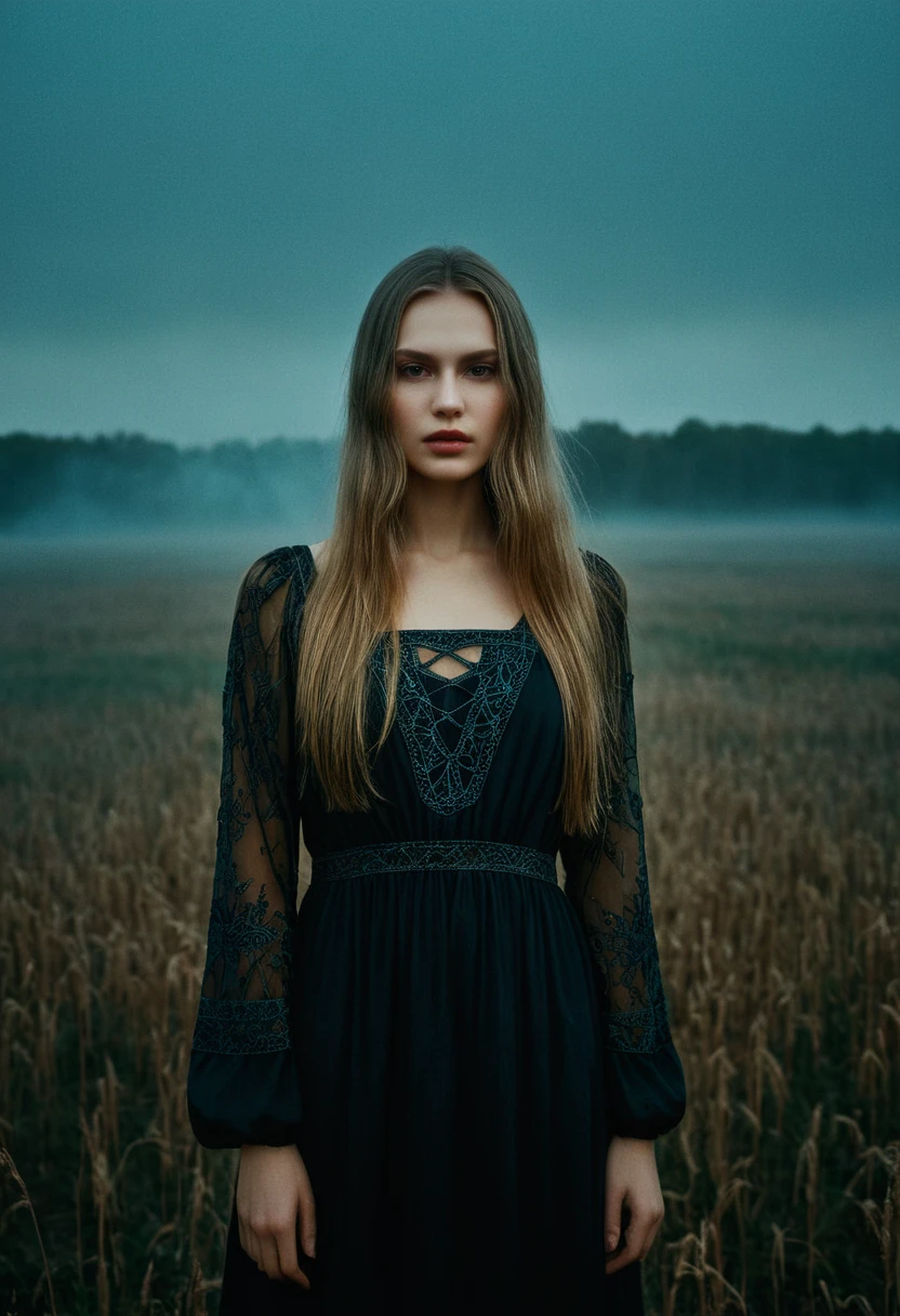 "memories are the water of life" (Misterious mood Soft Lighting Photography), stunning medium format analog photo, TWbabeXL01 beautiful (woman), A beautiful ((evil slavic woman)), pale skin, long dark blond hair, full length, over the shoulde wide view, black over black background, highly detailed, detailed realistic photography, masterpiece half-body photo, finely detailed skin, emotional, professional color grading, epiCPhoto, OverallDetailXL analog grain, Fujifilm Astia, low contrast, OverallDetailXL, dark fantasy, photo dress that has the patterns of burning fire, standing in a foggy field, liminal lighting, dslr, detailed quality, face covered by dark veil