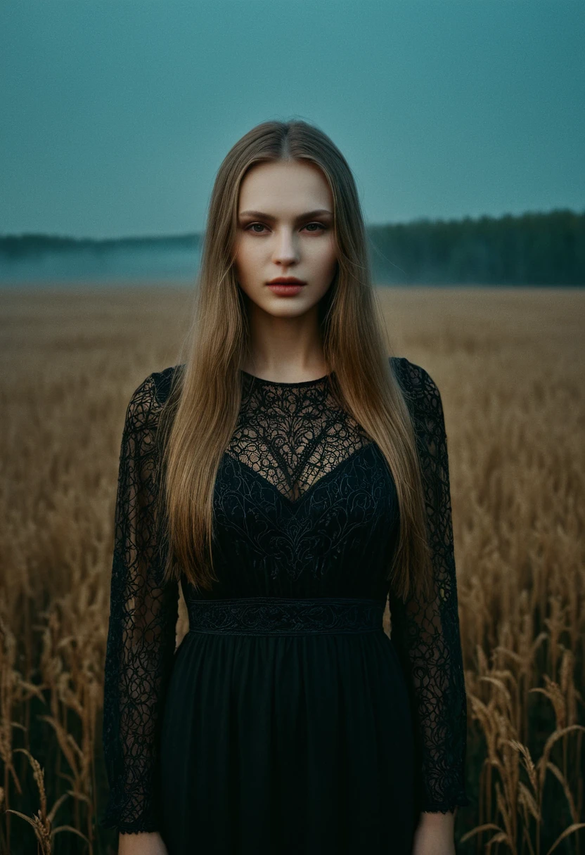 "memories are the water of life" (Misterious mood Soft Lighting Photography), stunning medium format analog photo, TWbabeXL01 beautiful (woman), A beautiful ((evil slavic woman)), pale skin, long dark blond hair, full length, over the shoulde wide view, black over black background, highly detailed, detailed realistic photography, masterpiece half-body photo, finely detailed skin, emotional, professional color grading, epiCPhoto, OverallDetailXL analog grain, Fujifilm Astia, low contrast, OverallDetailXL, dark fantasy, photo dress that has the patterns of burning fire, standing in a foggy field, liminal lighting, dslr, detailed quality, face covered by dark veil