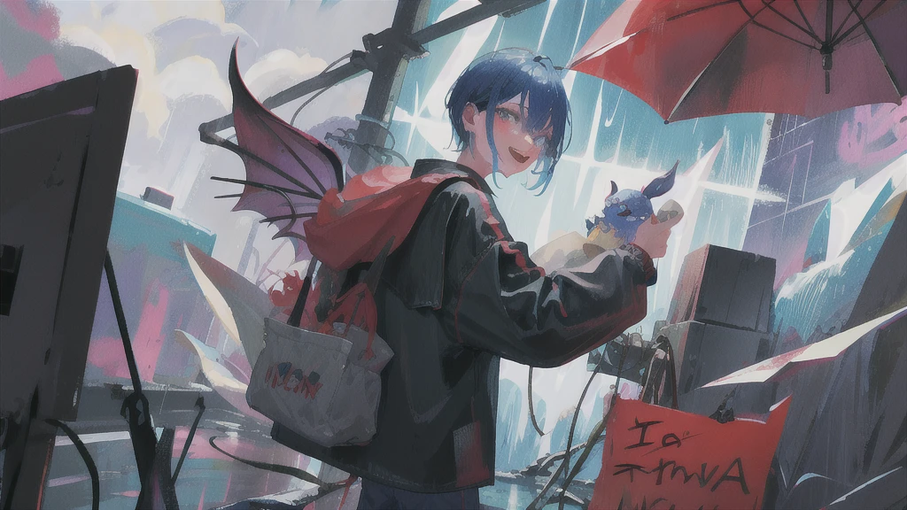 Close-up of color painting of a devil with a big mouth, Psychedelic Laughing Devil, Scary color art in 4K, rain、rain、Colorful and sinister background, Blue Hair、Short bob hairstyle、He's also wearing a black t-shirt、Black on the neckチョーカー、penguin、penguin、penguin、Psychedelic space horror, Hypercolor Digital Art, Vibrant colors、Attention to detail, Colorful explosions, Colorful horror art, Colorful Film Art, Colorful illustration, Vivid neon ink painting, Incredibly detailed color art
