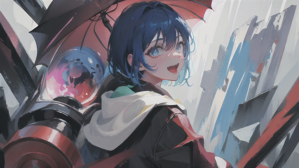 Close-up of color painting of a devil with a big mouth, Psychedelic Laughing Devil, Scary color art in 4K, rain、rain、Colorful and sinister background, Blue Hair、Short bob hairstyle、He's also wearing a black t-shirt、Black on the neckチョーカー、penguin、penguin、penguin、Psychedelic space horror, Hypercolor Digital Art, Vibrant colors、Attention to detail, Colorful explosions, Colorful horror art, Colorful Film Art, Colorful illustration, Vivid neon ink painting, Incredibly detailed color art