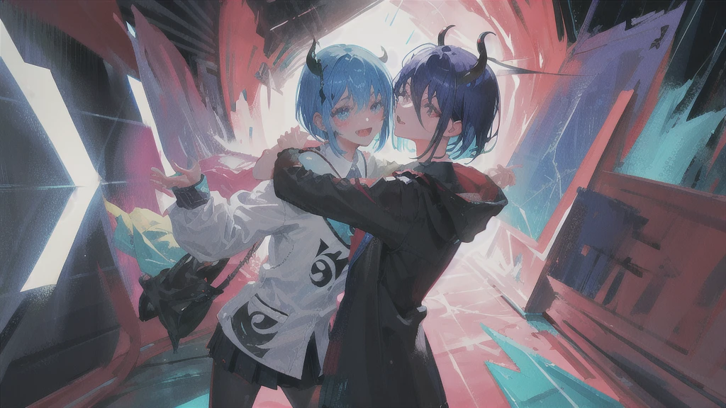Close-up of color painting of a devil with a big mouth, Psychedelic Laughing Devil, Scary color art in 4K, rain、rain、Colorful and sinister background, Blue Hair、Short bob hairstyle、He's also wearing a black t-shirt、Black on the neckチョーカー、penguin、penguin、penguin、Psychedelic space horror, Hypercolor Digital Art, Vibrant colors、Attention to detail, Colorful explosions, Colorful horror art, Colorful Film Art, Colorful illustration, Vivid neon ink painting, Incredibly detailed color art
