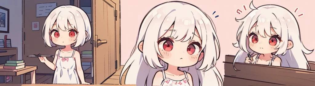 ((((1girl:1.5)))), white hair, red eyes, long hair, (collarbone:1.4), animation style, (2d, chibi, cute, cute, small , big eyes), skin color white, think about something, background/(in the room ,modern pink girl&#39;s room, bed, Soft mood lighting), a single rose