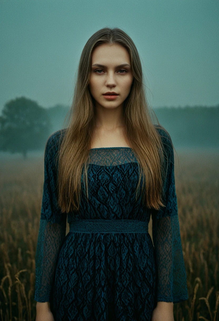 "memories are the water of life" (Misterious mood Soft Lighting Photography), stunning medium format analog photo, TWbabeXL01 beautiful (woman), A beautiful ((evil slavic woman)), pale skin, long dark blond hair, over the shoulde wide view, black over black background, highly detailed, detailed realistic photography, masterpiece half-body photo, finely detailed skin, emotional, professional color grading, epiCPhoto, OverallDetailXL analog grain, Fujifilm Astia, low contrast, OverallDetailXL, dark fantasy, photo dress that has the patterns of burning fire, standing in a foggy field, liminal lighting, dslr, detailed quality, face covered by dark veil
