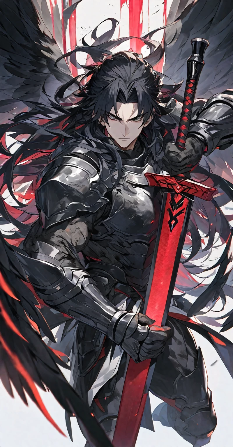 Best quality, one, beautiful, 1 man, tall man, with a sporty body, V-shaped body, wide shoulders, black detailed armour with bright white details, 10 black feathered wings, long hair, black hair covered with dirt and charcoal, neon white pupils (white eyes), the man has a huge sword in his hand, in the combat position "List of Kamae Stances", against the background of black miasma with shades of red