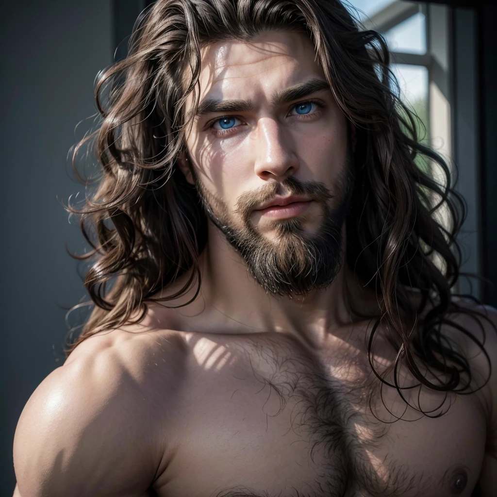 Muscle god blue eyes long hair curly hair beard