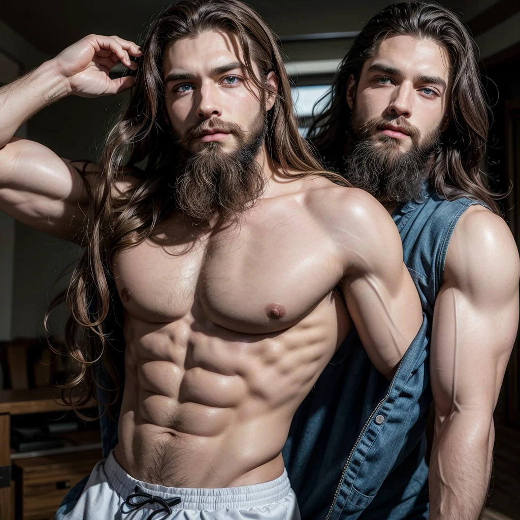 Muscle god blue eyes long hair curly hair beard
