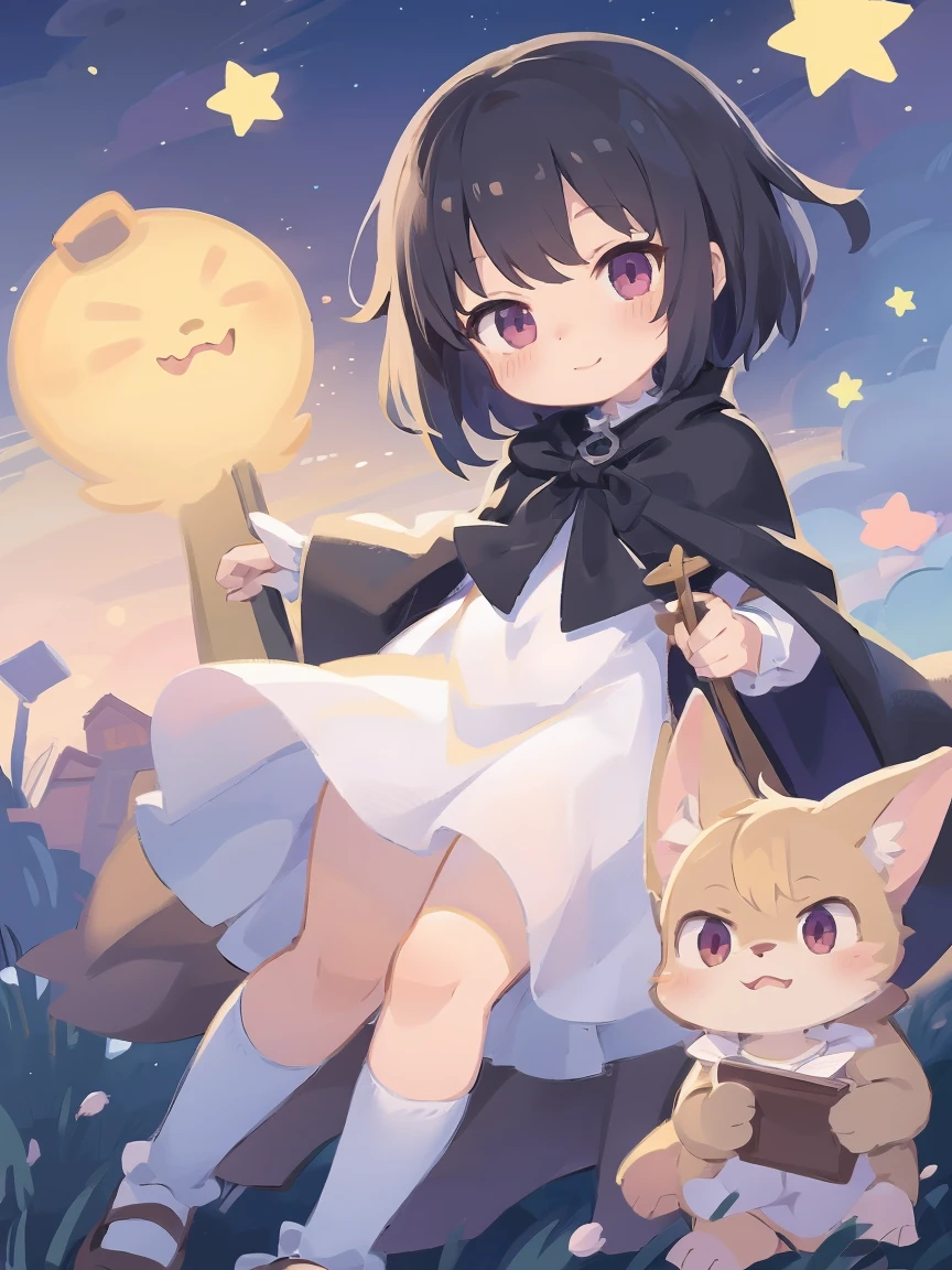 a cartoon image of a girl in a blue cape and white dress, an anime drawing by Jin Homura, pixiv, mingei, anime moe artstyle, tsuaii, anime girl named lucy, mayuri shiina from steins gate, anime style like fate/stay night, black - haired mage, touhou character,