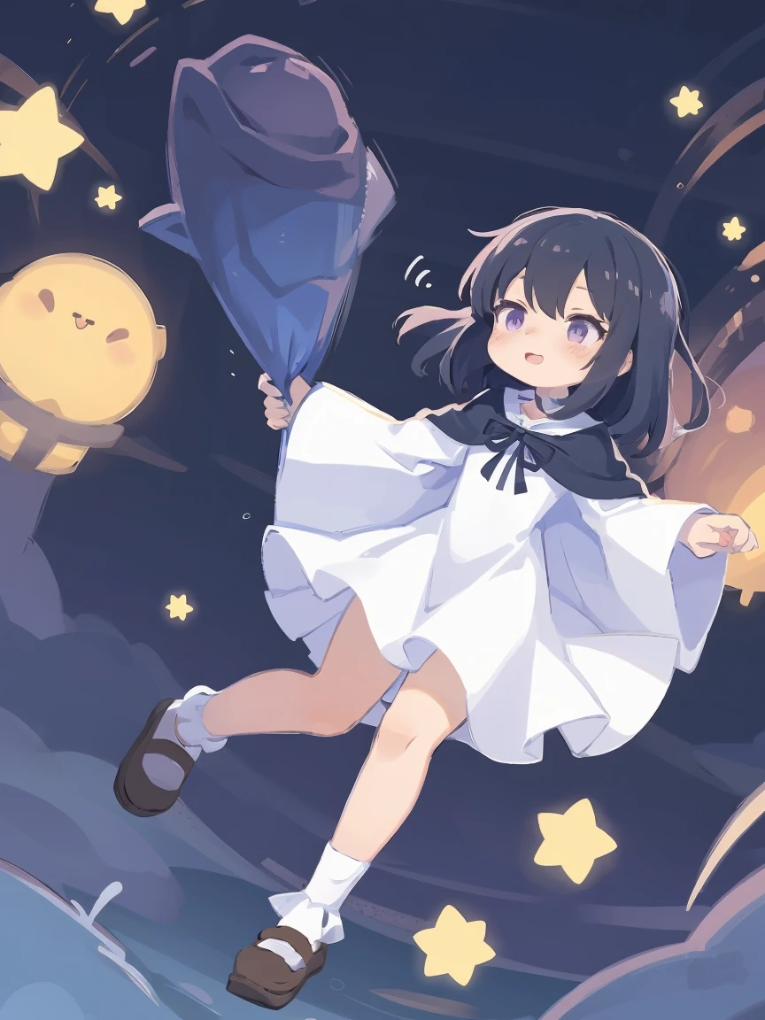 a cartoon image of a girl in a blue cape and white dress, an anime drawing by Jin Homura, pixiv, mingei, anime moe artstyle, tsuaii, anime girl named lucy, mayuri shiina from steins gate, anime style like fate/stay night, black - haired mage, touhou character, 