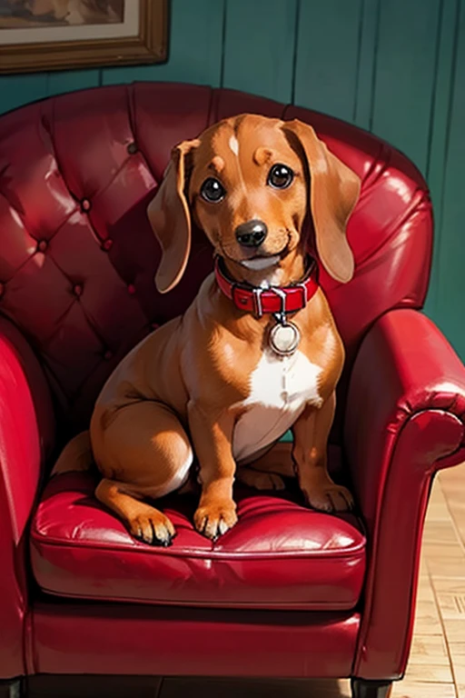 hight quality, Uplifting, a dog only, Miniature Dachshund, white, a red collar, sit on the sofa