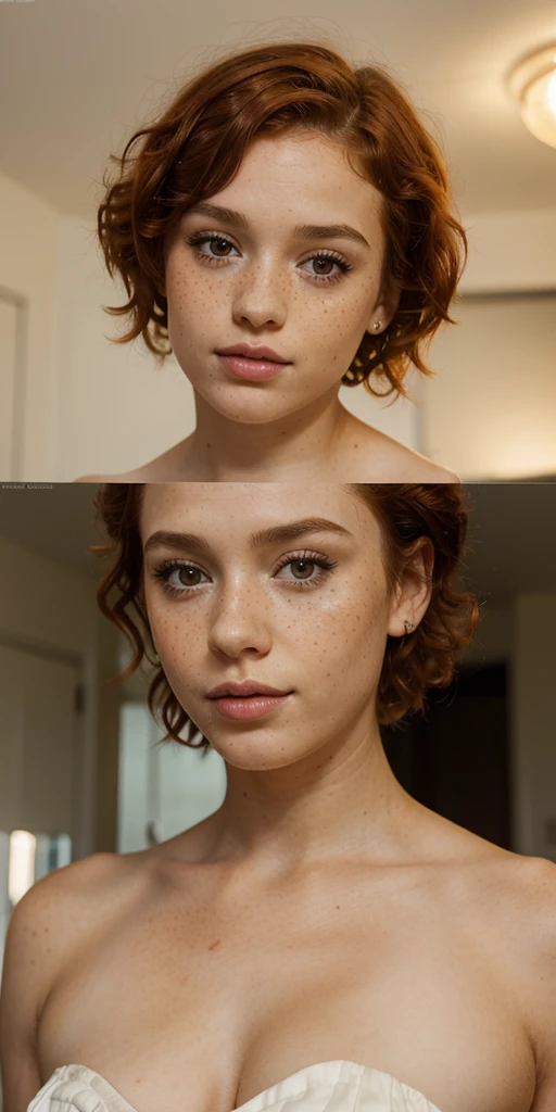 A young beautiful girl, freckled face, short curly red hair, full lips, small neat nose, big eyes, makeup