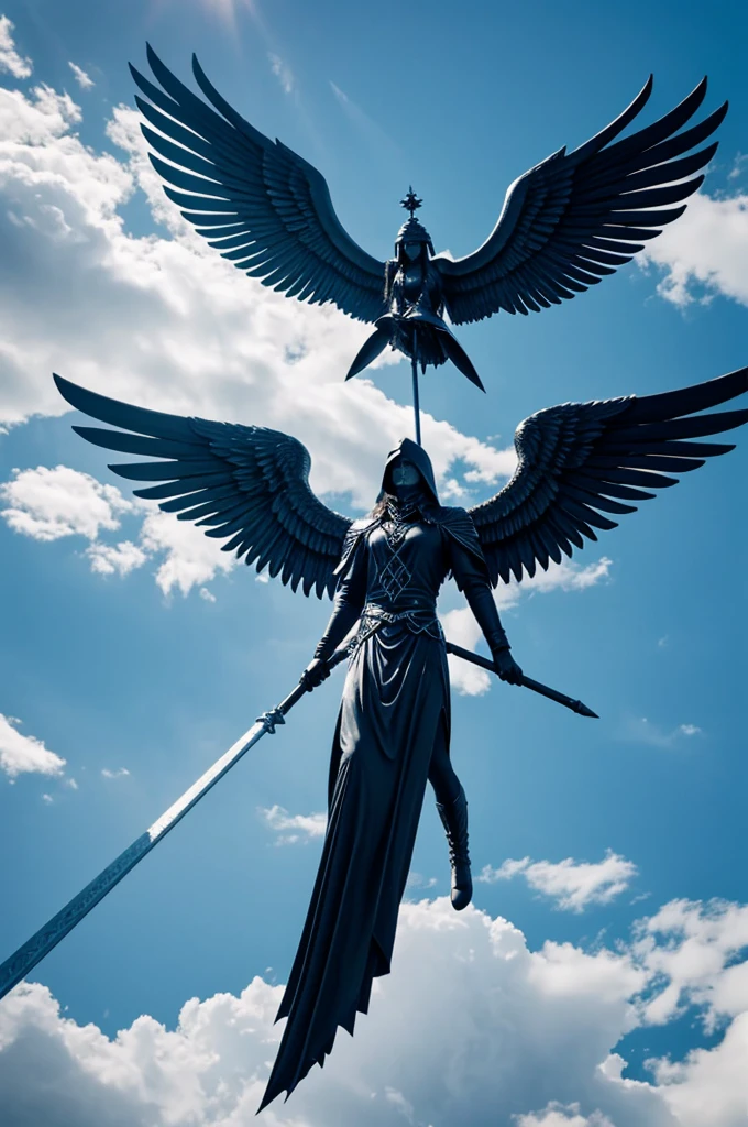 6-winged angel, wearing an ice crown, Carrying a huge scythe, flying high in the sky and looking down. It looks so scary!