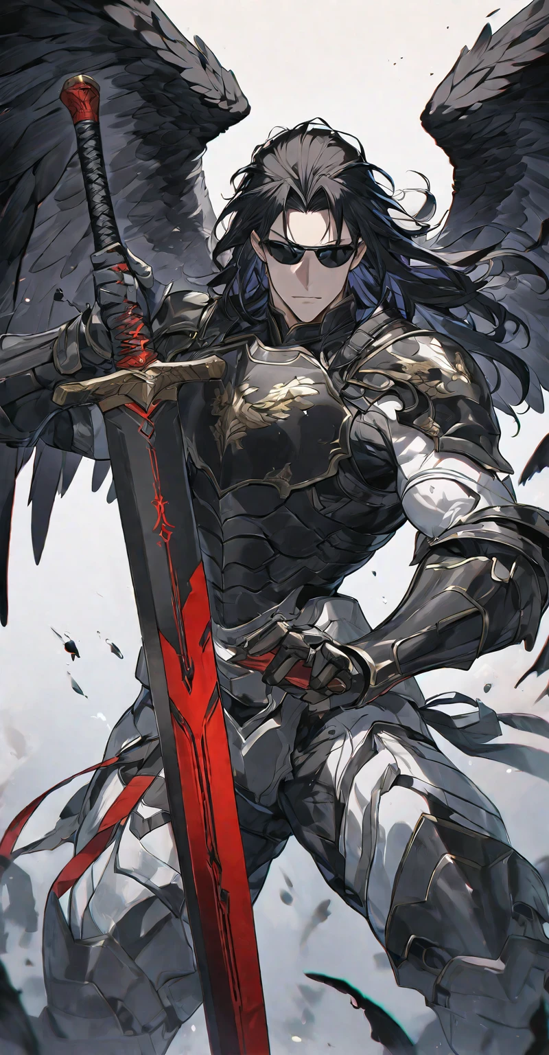 Best quality, one, beautiful, 1 man, tall man, with a sporty body, V-shaped body, wide shoulders, black detailed armour with bright white details, 10 black feathered wings, long hair, black hair covered with dirt and charcoal, neon white pupils (white eyes), the man has a huge sword in his hand, in the combat position "List of Kamae Stances", against the background of black miasma with shades of red