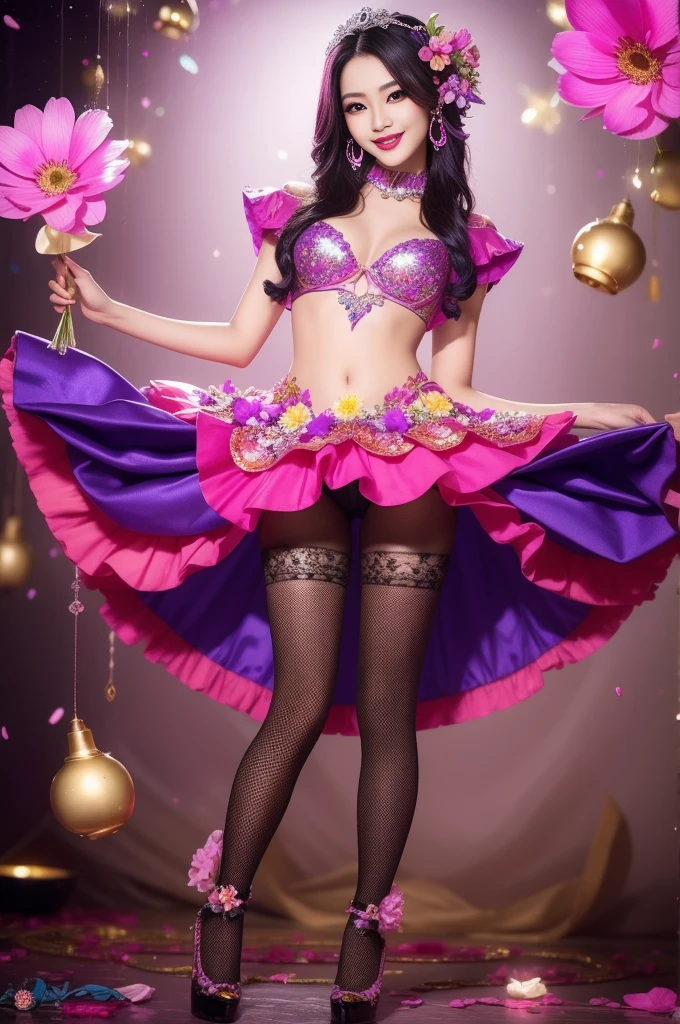 sexy Thai model who controls poison、beautiful smile、lipgloss、bold lipstick、intense makeup、look at the camera、full body Esbian、、sparkling poisoned flower costume、、、、sparkling Colorful hair、secrete poison、skull hair accessories、sexy tights、shiny sparkling flowers background