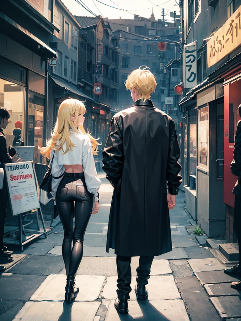 A blonde girl, pretty girl, standing, wearing black leather crop top, wearing black leather pants, wearing white long overcoat, pretty, blonde girl, full view, beautiful, a beautiful noy Standing in front of her ((backside of the boy)) beautiful tall handsome mascular man, ((man's hair color black)) , 2 persons, 1 girl 1 man, ((girl facing towards camera)), ((boy is looking at the girl)) , ((girl standing straight toward camera)), ((boys's backside towards camera and looking at the girl))