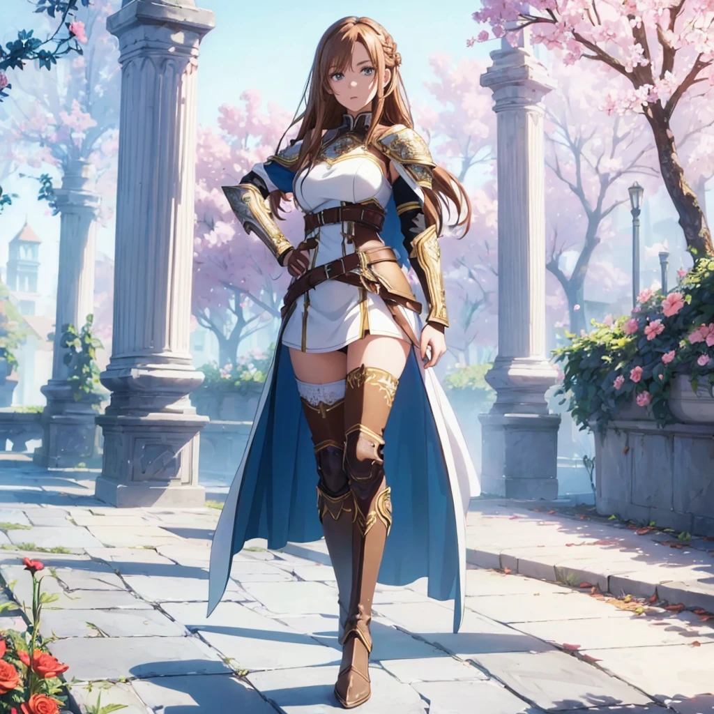 ((1girl, solo)), ((hand on hip)), standing, beautiful body, (perfect anatomy, perfect body, perfect hands, perfect legs), natural proportions, sexy body, large breasts, ((full body, full body front)) BREAK

((extremely detailed face)), (beautiful detailed eyes:1.6), (realistic pupils, realistic iris:1), expressive eyes, looking at viewer, (clear eyes:1.3), (hyperrealistic:1.2), (detailed skin texture:1.2), smooth skin, asuna yuuki, (brown hair:1.5), (brown eyes), long hair, braid, bangs, (detailed lips:1.3), (attractive lips:1.1), (glossy lips:1.1), perfect face, perfect eyes BREAK

mini dress, long sleeves, (shoulder armor:1.3), (arm guard:1.3), ((black thighhighs)), knee high boots, armored boots, thighs, zettai ryouiki, belt, cape BREAK

outdoors, day, (garden:1.5), (flower:1.3), (trees:1.3), (shade of trees:1.2), medieval BREAK

(masterpiece:1.5), anime-style, top quality, best quality, (beautiful and aesthetic:1.2), (ultra detail:1.5), Ultra-detailed depiction, Ultra-precise depiction, extremely detailed 8k illustration, high resolution, (highly detailed shading:1.2), (realistic lighting:1.4), perfect lighting, vibrant colors, dynamic tones, striking hues, 8k, absurd resolution, perfect shadows, hdr, UHD, ambient lighting, realistic, ultra-realistic, photo realistic, highly detailed, rich detail, luminous colors, fine texture, intricate design, professional illustration, (soft light:1.2), (illustration:0.7)