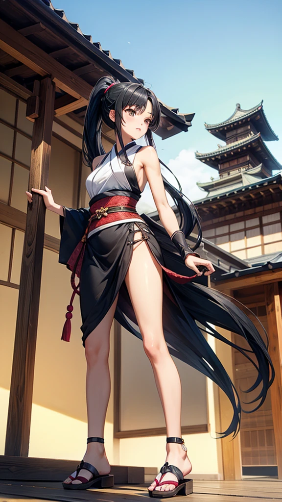 Beautiful girl with long black hair and ponytail and medium breasts,Ninja costumes,Bare arms,Bare Legs,Straw sandals,Standing,Japanese castle roof