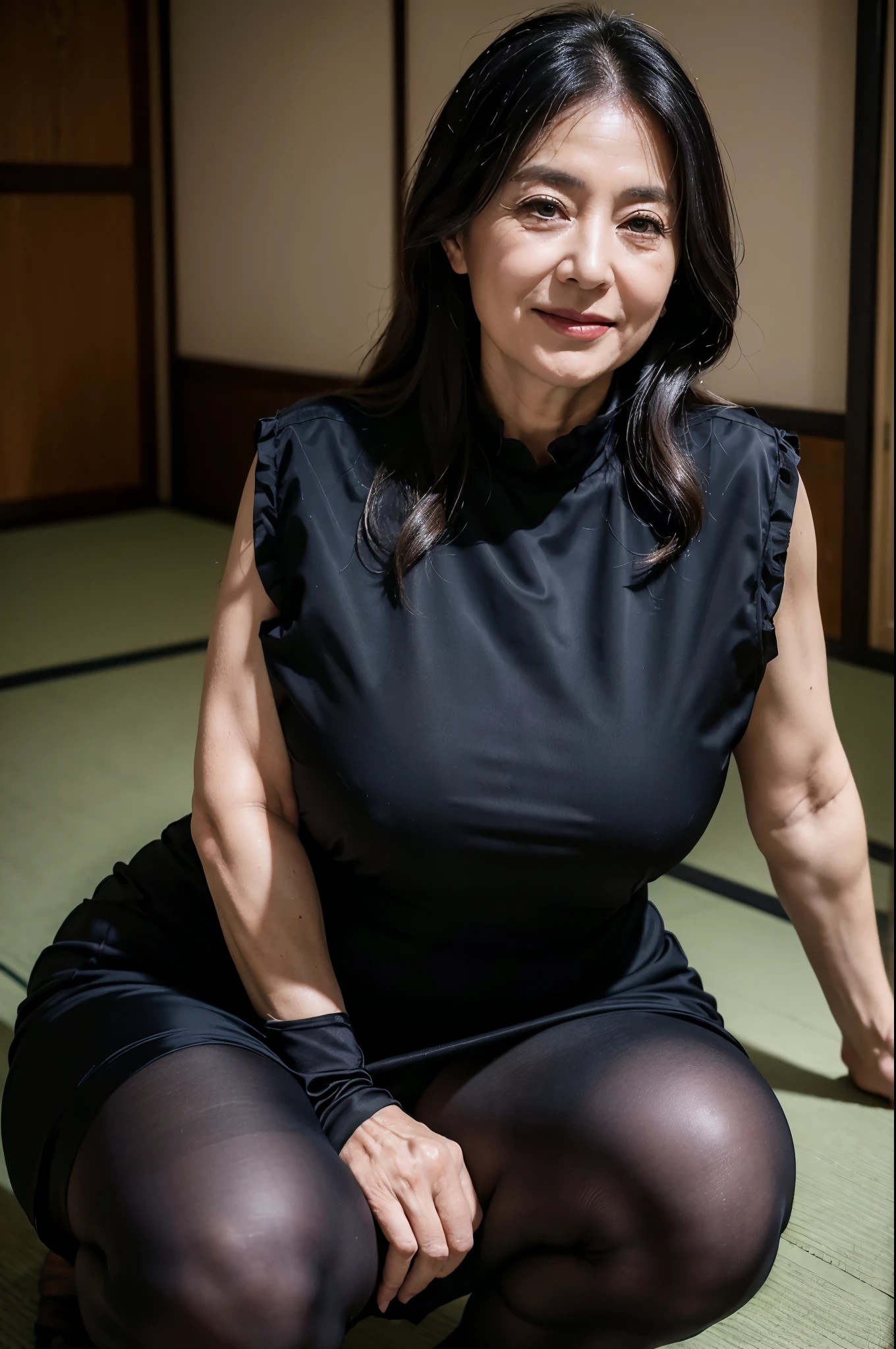 (masterpiece:1.4),(63-year-old woman:1.5),(facial wrinkles 1.2),A kind smile, (long hair : 1.1), (sleeveless black mourning dress), (black nylon tights : 1.2), Motherhood Mature Woman, plump arms, plump thighs, (focus on thighs : 1), squatting on tatami, on knees, traditional japanese room,