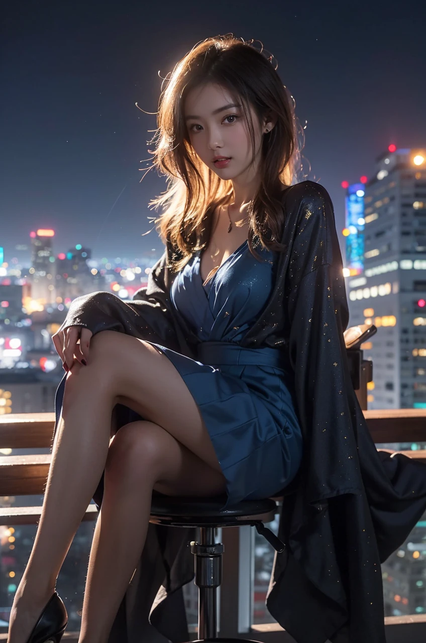 Beautiful Japanese Waifu, early 30s, brunette hair, blue dress with gild speckles, sitting legs crossed, on a bar stool in balcony, night city background