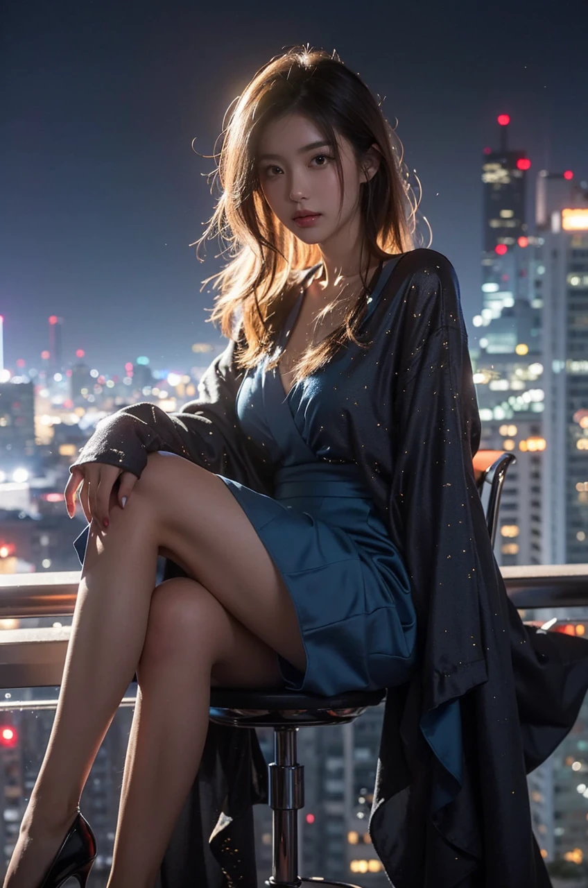 Beautiful Japanese Waifu, early 30s, brunette hair, blue dress with gild speckles, sitting legs crossed, on a bar stool in balcony, night city background 