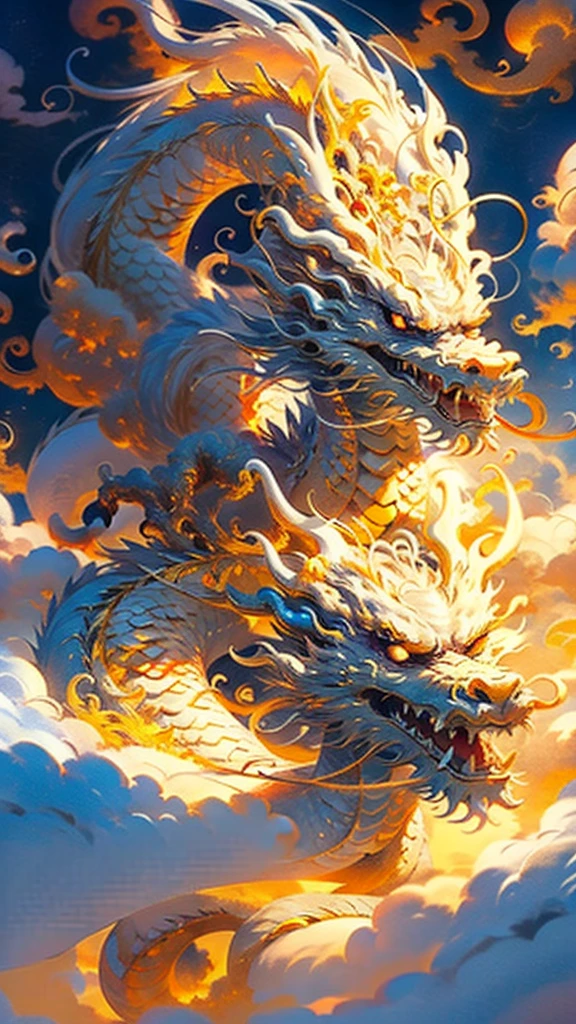 White Dragon,Above the Clouds、Close-up of face、Approachable,Fire and sun in the background、Golden Dragon、Silver Dragon、