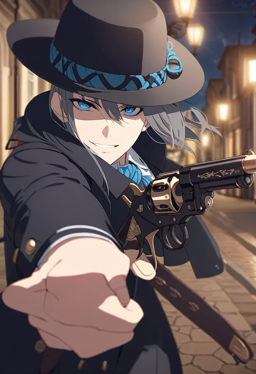 masterpiece,best quality,depth of field,8K,looking at the viewer,dark gray hair,blue eyes,man,close,Street lamp,black long coat,square black panama hat,Antique and stylish Colt Peacemaker pistol,smiling,male,(charismatic eyes 1;1),wseifuku,chic,Aiming a Colt Peacemaker pistol at the viewer.
