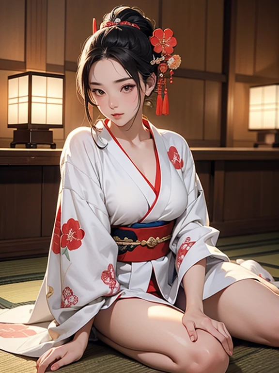 (Highest quality、masterpiece、High resolution、8K)、Ukiyo-e、Utamaro、Vibrant colors、A town girl from the Edo period、whole body、Utamaroの絵のモデル,Her hair is black and beautifully tied in a round topknot.、Decoration、The kimono has a colorful floral pattern、Sitting 、Applying lipstick to the lips、lips ajar、Detailed model gestures and facial expressions、Official Art、It is a tatami room.There is a candle light placed、Japanese-style room、