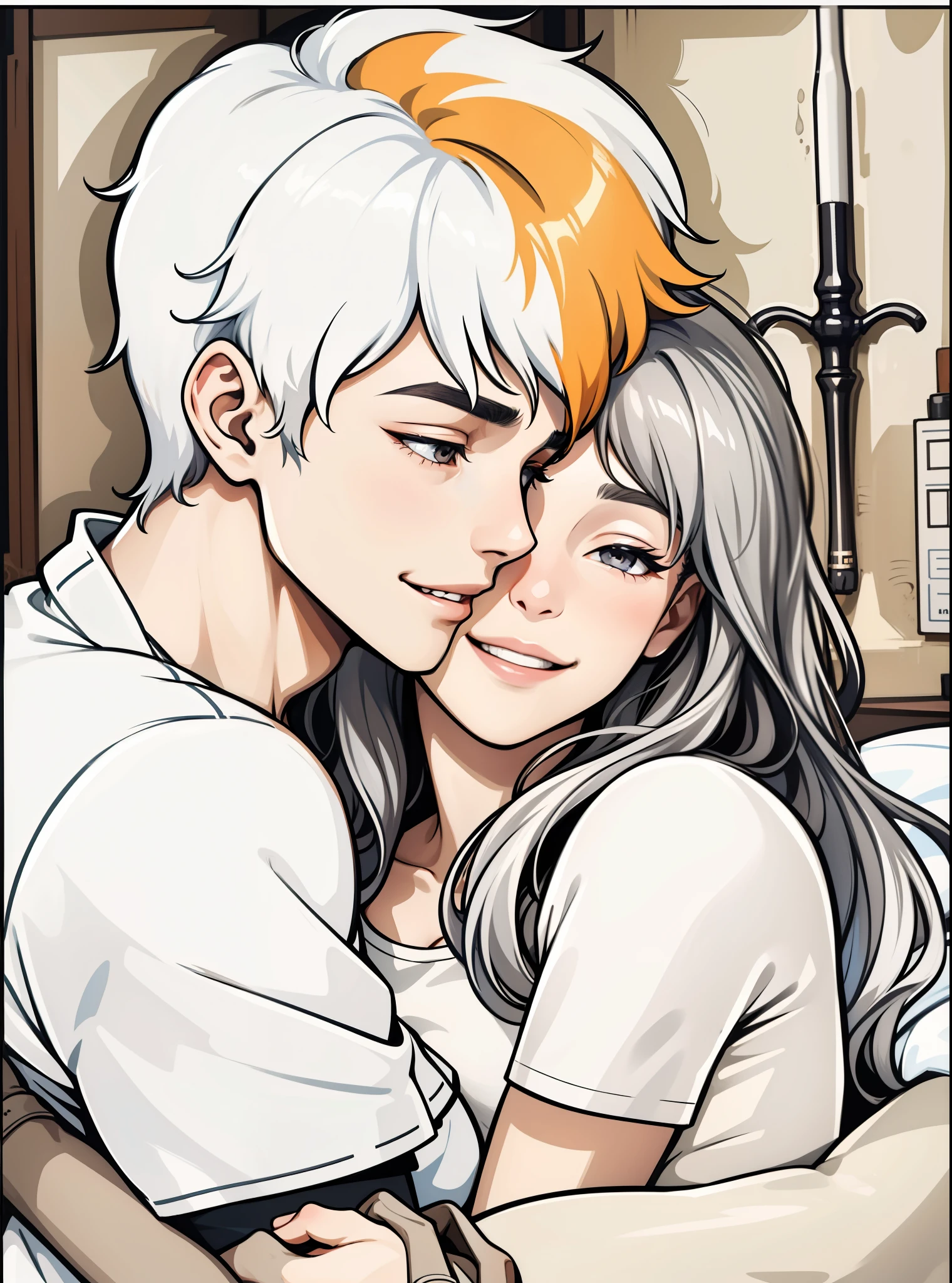  young man with gray hair and a girl who is his girlfriend, they are hugging and greeting each other, they are happy, smiling